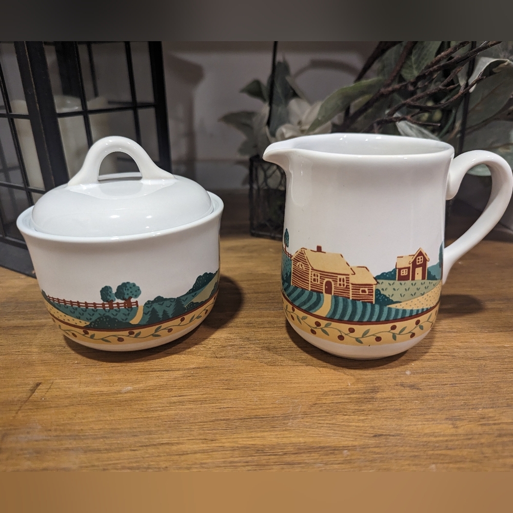 Corelle Coordinates Stoneware Landscape Sugar Bowl and Creamer Set